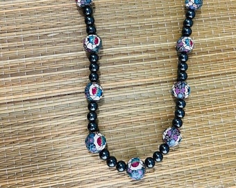 Handmade Clay Beatles Beaded Necklace Gray Metallic Colored Pearls Flowers