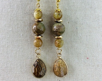 Leopard Skin Jasper Beige Stones Tear Drop Dangle Earrings Gold Tone Handmade