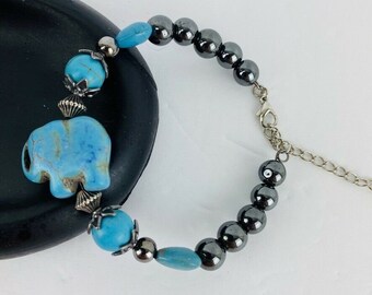 Turquoise Elephant Bracelet Crystal Black Hematite Silver Tone Boho Adjustable