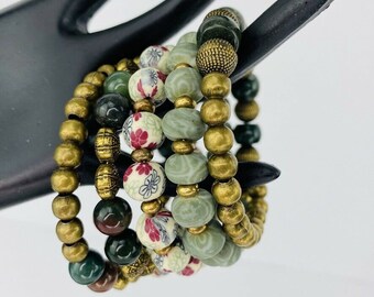 Green Wrap Stack pulsera moss ágata piedra oro antiguo esmerilado Floral