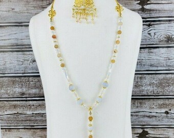Agate Quartz Necklace Chandelier Earrings Gold Tone Chain Set Boho Peach