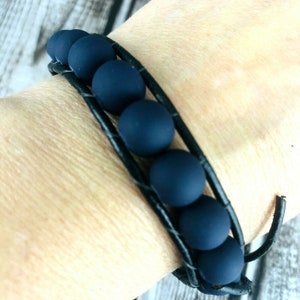 Black Leather Matte Navy Blue Bead Silver Button Clasp Bracelet Large Adjustable