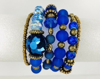 Pulsera blue Wrap Stack Swarovski Cristales Oro Antiguo Esmerilado