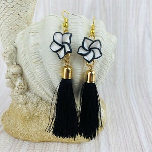 Black White Pansy Flower Tassel Dangle Earrings Gold Tone Handmade