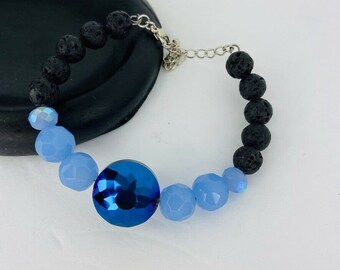 Pulsera azul Swarovski cristal negro lava roca brillo Boho ajustable