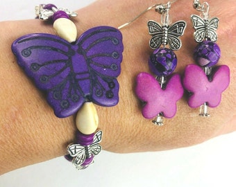 Butterfly Bracelet Earrings Set Purple Silver Tone Dangle Earrings Jasper 3 pc