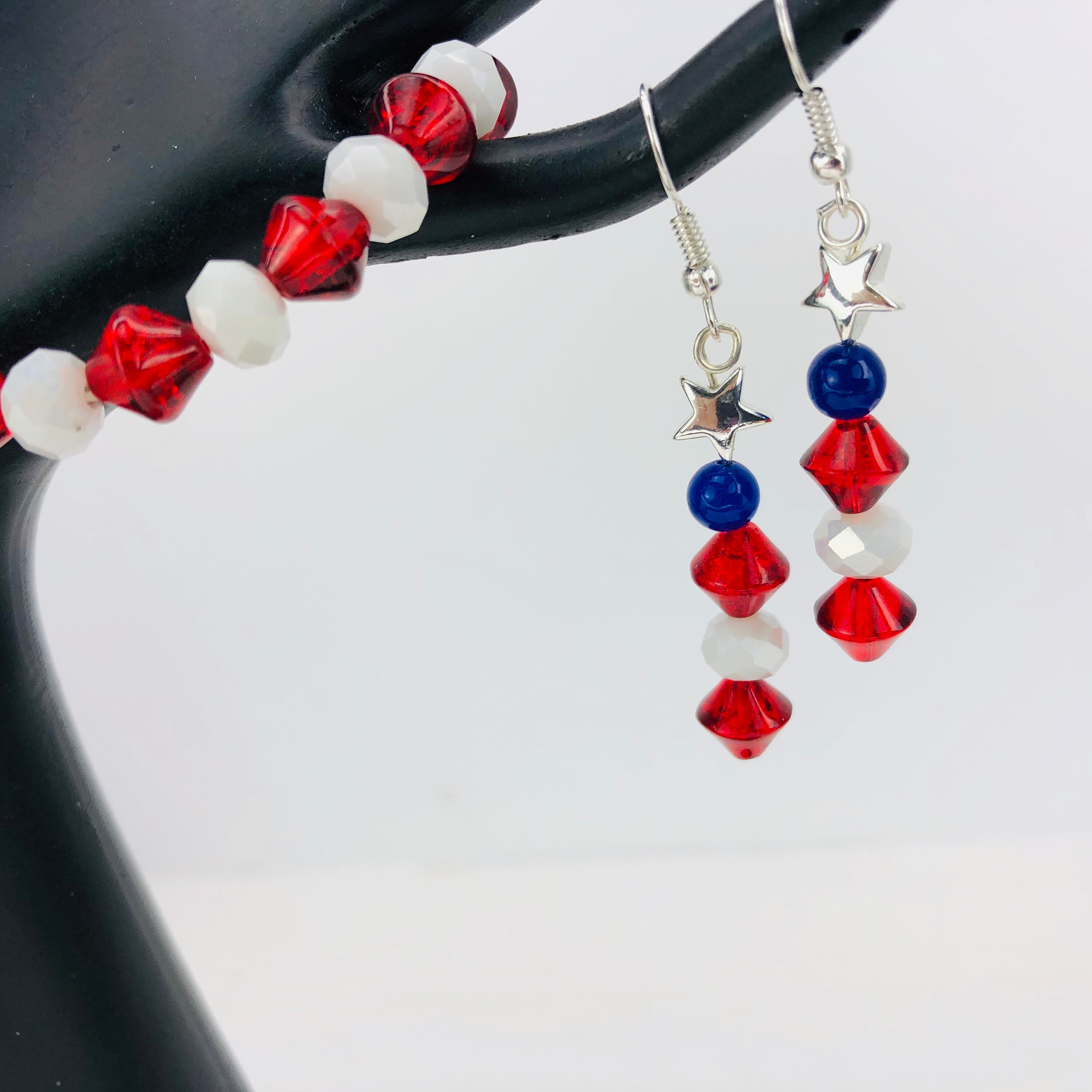 Patriotic Beaded Headband Earrings Bracelet Set Patriotic Fringe Hand-Beaded Earrings – Salty Mustang Co main image 4