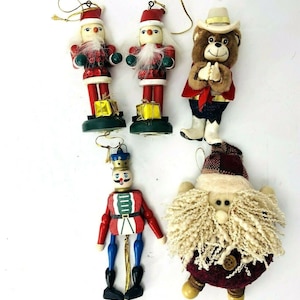 Vintage Christmas Ornament Wooden Soldier Santa Sheriff Bear Jumping Jack 5 Pc