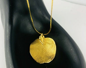 Real Leaf Gold Dipped Plated Necklace Pendant 18" Chain Round Leave Vintage