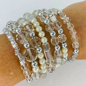 White Clear Frosted Crystal Silver Tone Bead Stack Bracelet Wrap Handmade