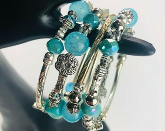Teal Aqua Turquoise Stack Silver Tone Boho Bracelet Flower Crystal Frosted
