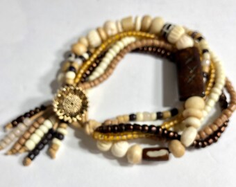 Southwest marrón beige bronceado 6 hebra apilada pulsera hecha a mano oro girasol