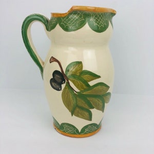 Hand Painted Clay Pottery Portugal Water Pitcher Olives Leaves Sangria Pitcher