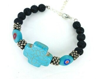 Pulsera azul turquesa Jasper negro lava plata tono boho ajustable