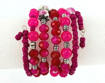 Hot rosa wrap pila pulsera Swarovski cristales cobre rosa plata tono Boho