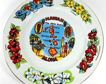 Hawaii Decorative Plate Hand Painted 21 Karat Gold Trim 50th State Hibiscus Maui