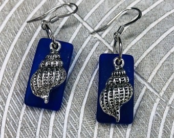 Sea Beach Glass Azul Colgante Pendientes Concha de Mar Alambre oído de acero quirúrgico