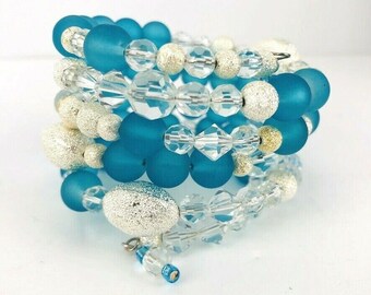 Azul esmerilado cristal cristal plata tono pila pulsera envoltura hecha a mano