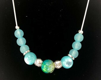 Blue Sea Glass Bead Necklace Sliver Tone 24" Chain Handmade