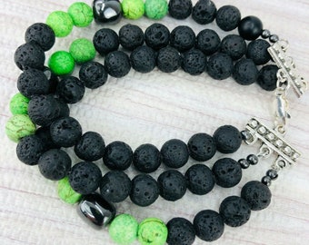 Stack pulsera look Black Lava Rock HematiteGreen Jasper 3 Strand Silver Clasp