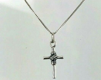 Vintage Sterling Silver Wrapped Cross Pendant Necklace 925 AT Sign 18" Box Chain