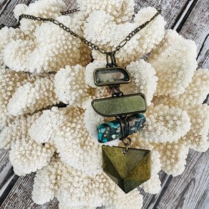 Blue Agate Druzy Agate Bead Pendant Antique Gold Tone Necklace Statement Long
