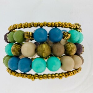 Frosted Blue Green Beige Gold Tone Bead Stack Bracelet Wrap Handcrafted