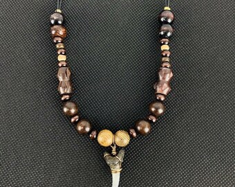 Sharks Tooth Wood Bead Leather Necklace Antique Bronze Tone 30" Mens