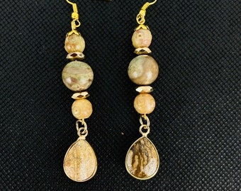 Leopard Skin Jasper Beige Stones Tear Drop Dangle Earrings Gold Tone Handmade