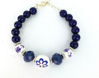 Pulsera púrpura flor Swarovski cristal cristal brillo plata tono Boho ajustable