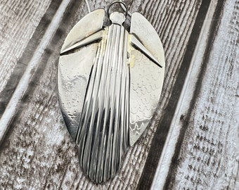 Angel Spoon Pendant Necklace Stainless Steel 24" Silver Plate Chain Halo Wings