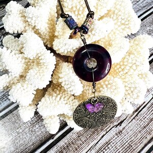 Agate Czech Glass Butterfly Beaded Purple Leather Necklace Antique Gold Handmade