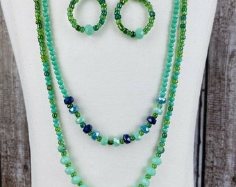 Green Crystal Jasper Double Strand Necklace Earrings Silver Tone Set Heart Chain