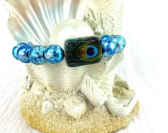 Peacock Feather Bracelet Blue Tie Die Frost Glass Boho Adjustable