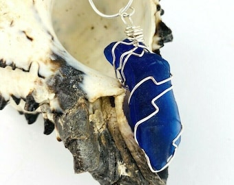 Cobalt Blue Cultured Sea Glass Wrapped Necklace Silver Plated 24" Snake Chain
