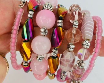 Rosa Rhodonite Calcite cristal plata tono apilamiento pulsera envoltura hecha a mano