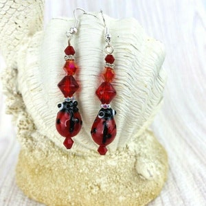 Red Black Lady Bug Dangle Swarovski Crystal Earrings Silver Tone Rhinestones