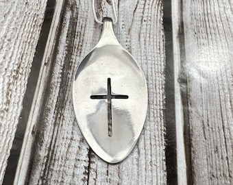 Cross Spoon Pendant Necklace Stainless Steel 24" Silver Plate Chain Christian