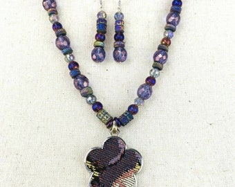 Purple Crystal Necklace Earrings Silver Tone Jewelry Set Flower