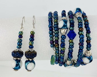 Azul púrpura envoltura pila pulsera conjunto Swarovski cristales plata tono pendientes