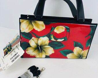 Angela Frascone Silk Resin Bermuda Handbag Bag Lucite Handles Hibiscus Tiki