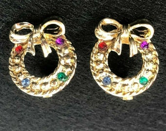 Corona de Navidad Rhinestone Oro Tono Clip Pendientes 1960 Vintage