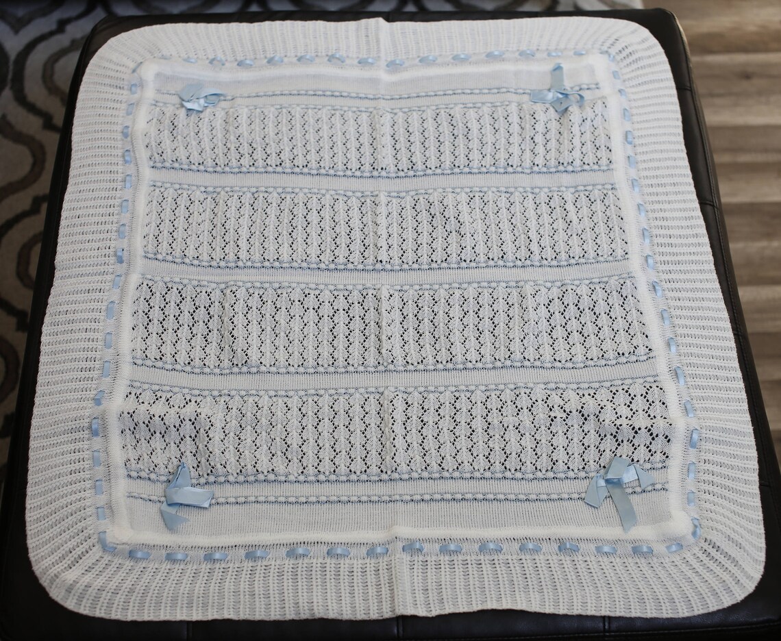 Knitted Ivory & Blue Baby Blanket Baby Blanket Baby Bedding Etsy