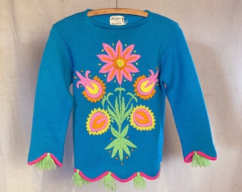 Pull en laine psychédélique brodé folk des années 60, cardigan à franges florales en laine, femme hippie des années 60, petite