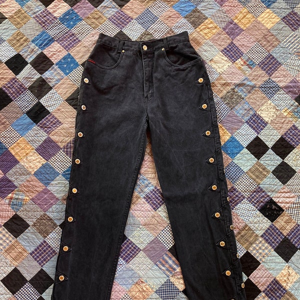 90s LAWMAN Concho Buttons Rodeo Bareback Western Jeans Black Denim 1990s Pants high waist sz 28