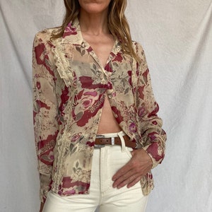 Y2K Silk Chiffon Sheer Floral Blouse Shirt Top Lace 2000s 00s 90s 1990s medium