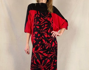 Robe midi avant-gardiste à imprimé palmiers des années 1970 en coton rouge noir caftan caftan