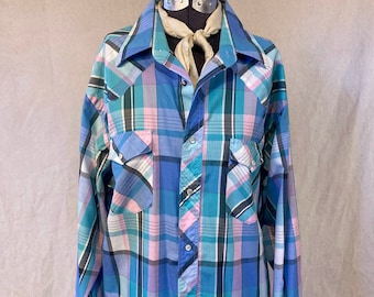 80s Wrangler Pearl Snap Cowboy Western Shirt Pastel Plaid size XL mens 1980s 1990s 90s Rodeo 17x36