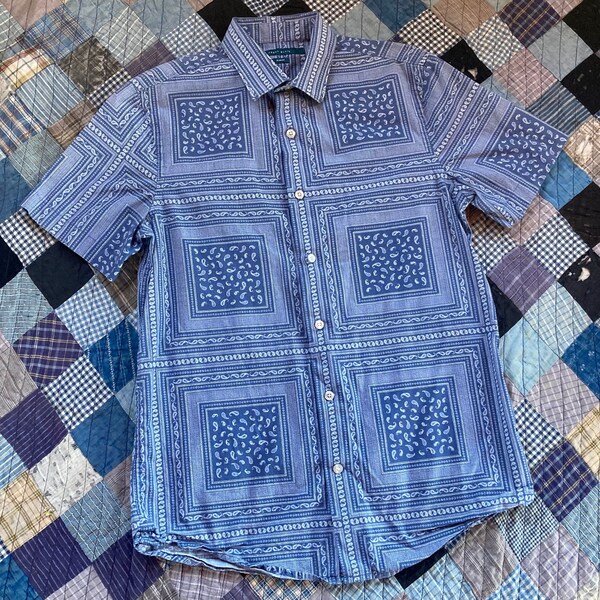 Perry Ellis Bandana Print Shirt Work Wear French Blue Cotton sz small medium 90s 1990s