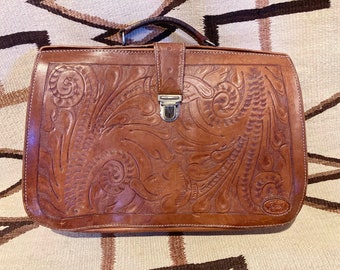70s Tooled Leather Briefcase Southwestern Western Satchel Pocketbook Purse Tote Attache
